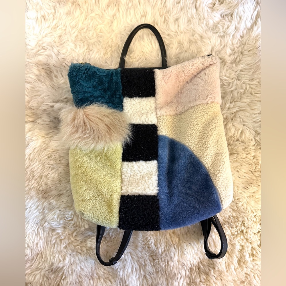 PRIMECUT Patchwork Shearling Tote Bag Backpack in Blue, Cream, Pink, Green